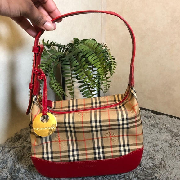 BURBERRY Vintage Red Leather Trim Haymarket Shoulder Bag Adjustable Strap - Picture 15 of 17